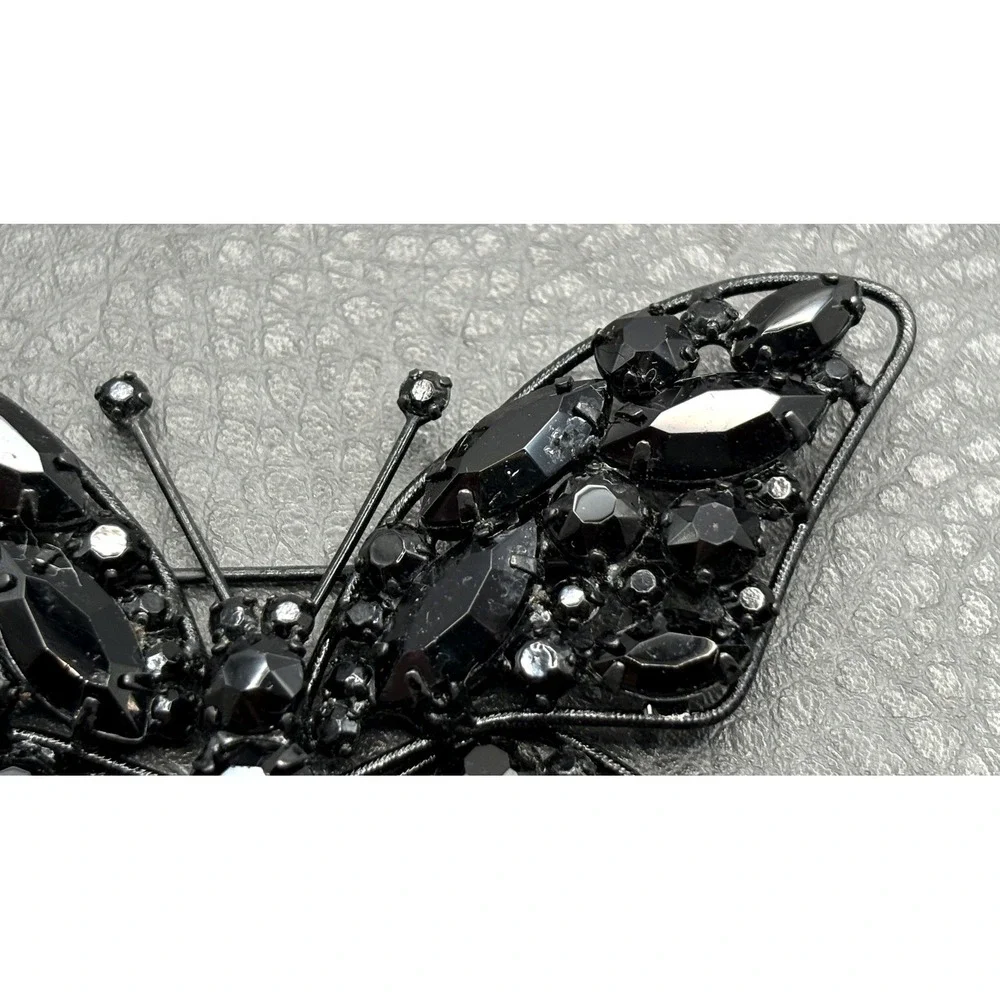 Vintage Large Black Rhinestone Butterfly Japanned Metal Brooch Pin
